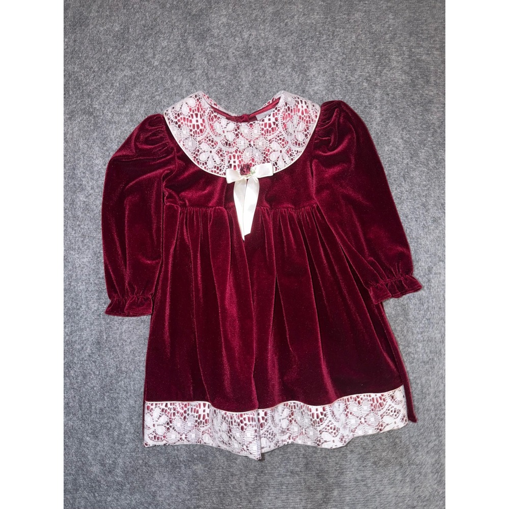 Rose Cottage Girls Burgundy Velvet Lace Collar Holiday Dress 4T Vintage